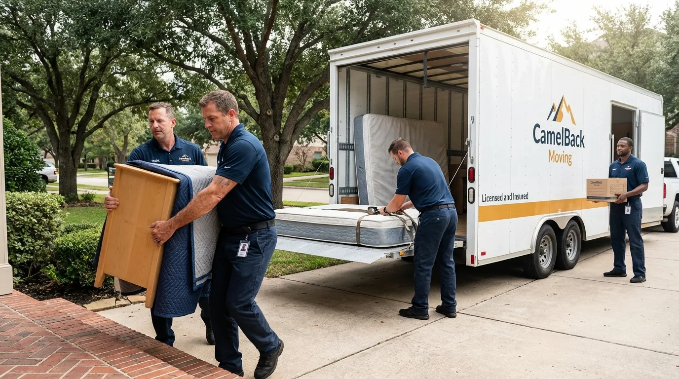 Crew loading residential truck for cross-state move from Canadian, TX