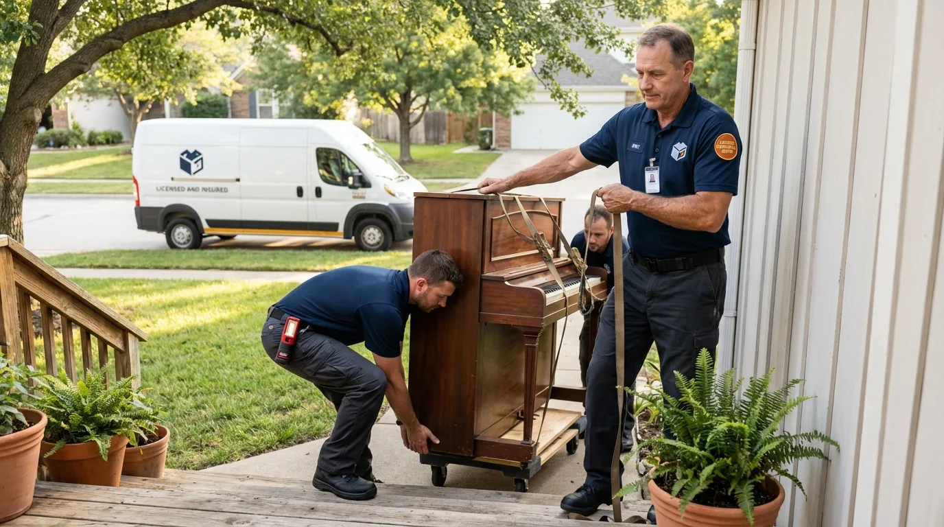 Licensed piano movers securing grand piano in Canadian, TX