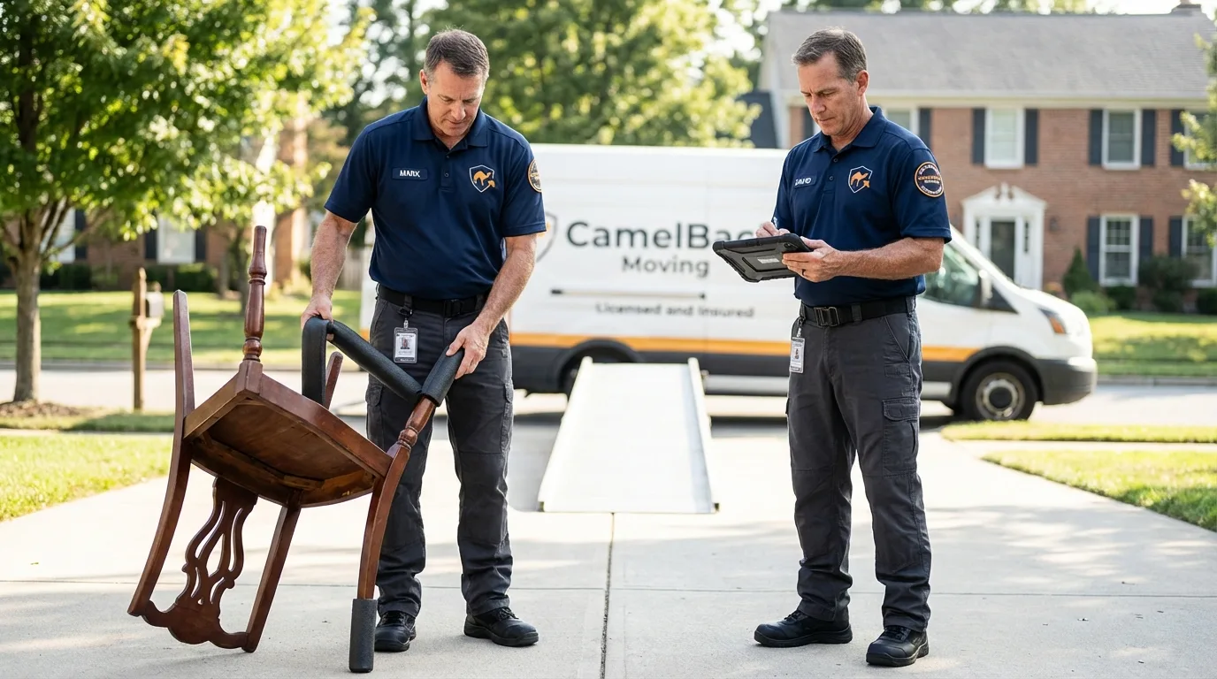 Movers inspecting furniture for damage prevention before loading in Canadian, TX