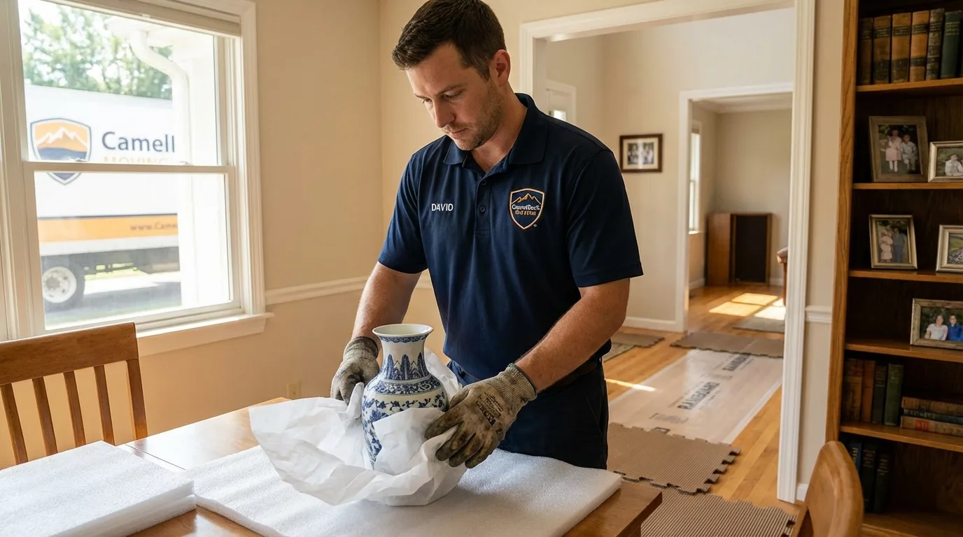 Professional crew carefully wrapping antique vase for senior downsizing move in Canadian, TX