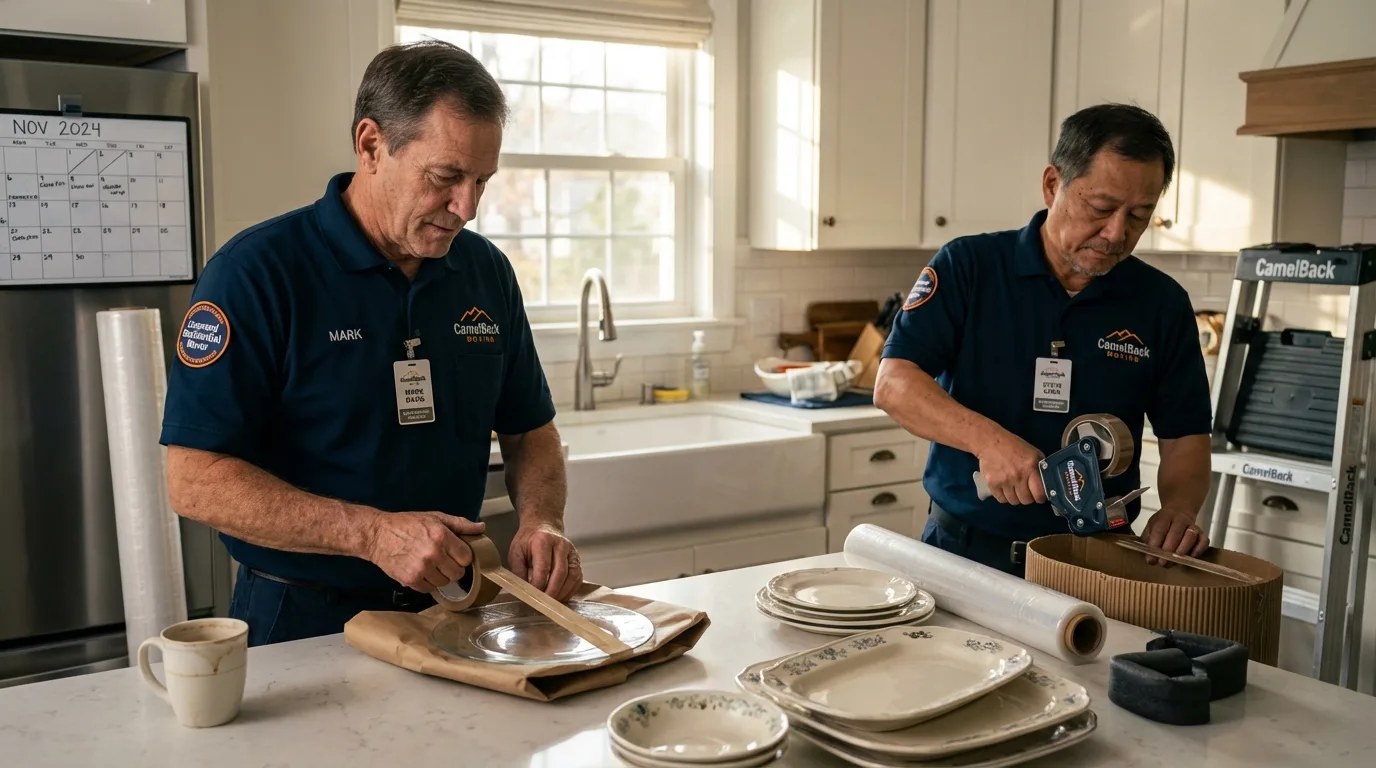 Professional crew packing kitchen dishware in Canadian, TX